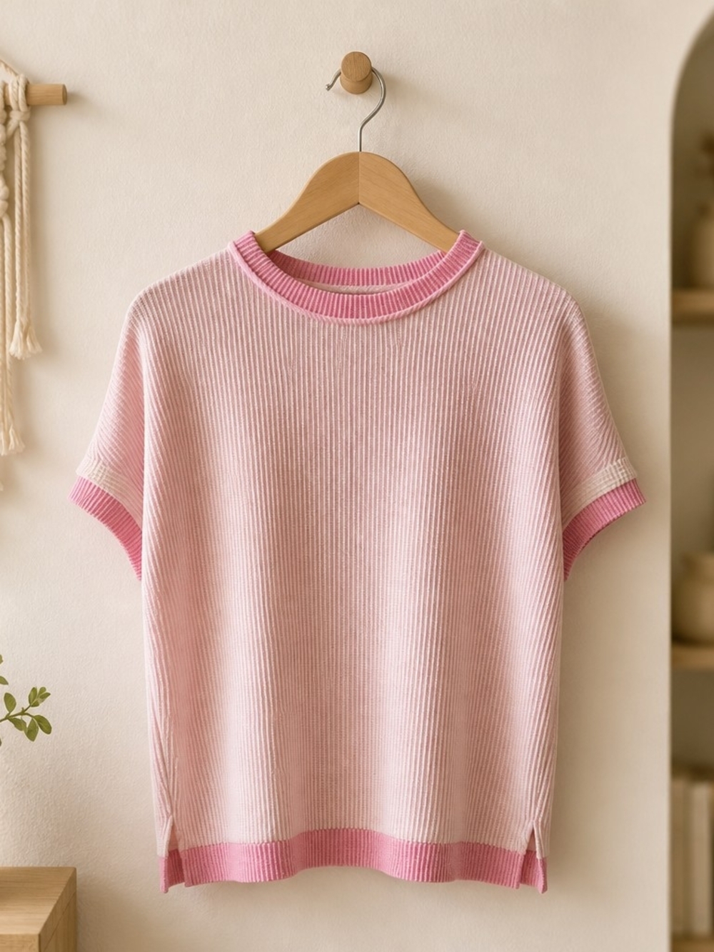 Women's Pink Short-Sleeve Ribbed Knit Top
